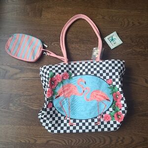 Kathy Hatch Flamingo Checkered Tote Beach Bag - Pink and Black